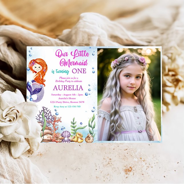 Our Little Mermaid Girl 1st Birthday Party Photo Invitation (Creator Uploaded)