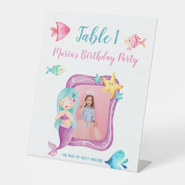 Our Little Mermaid Photo Birthday Table number Pedestal Sign (Front)