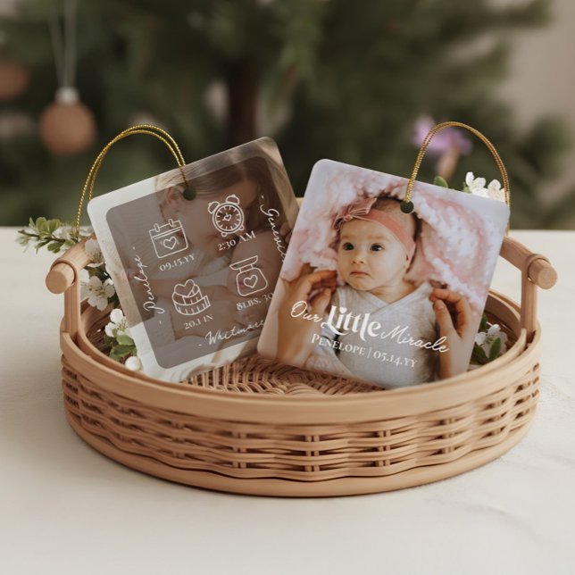 Our Little Miracle Baby Birth Stats Photo Keepsake Ceramic Ornament (Our Little Miracle Baby Birth Stats Photo Keepsake Ceramic Ornament)