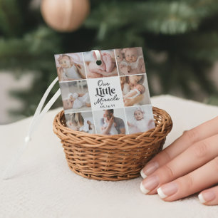 Our Little Miracle Newborn Baby Photo Grid Collage Glass Tree Decoration