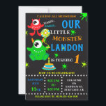 Our Little monster birthday invitation for boy<br><div class="desc">Our Monster birthday invitation for boy Little monster invitation Monster bash party invite. This cute pastel colours lil monster invitation featuring cute green monster with a balloon, red one eyed monster, small cake with one candle and some coloured blots around. Surprise your friends with this brightfull and colourful invitation! Simply...</div>