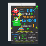 Our Little monster birthday invitation for boy<br><div class="desc">Our Monster birthday invitation for boy Little monster invitation Monster bash party invite. This cute pastel colours lil monster invitation featuring cute green monster with a balloon, red one eyed monster, small cake with one candle and some coloured blots around. Surprise your friends with this brightfull and colourful invitation! Simply...</div>