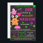 Our Little monster birthday invitation for girl<br><div class="desc">Our Monster birthday invitation for girl Little monster invitation Monster bash party invite. This cute pastel colours lil monster invitation featuring cute orange monster with a balloon, pink one eyed monster, small cake with one candle and some coloured blots around. Surprise your friends with this brightfull and colourful invitation! Simply...</div>