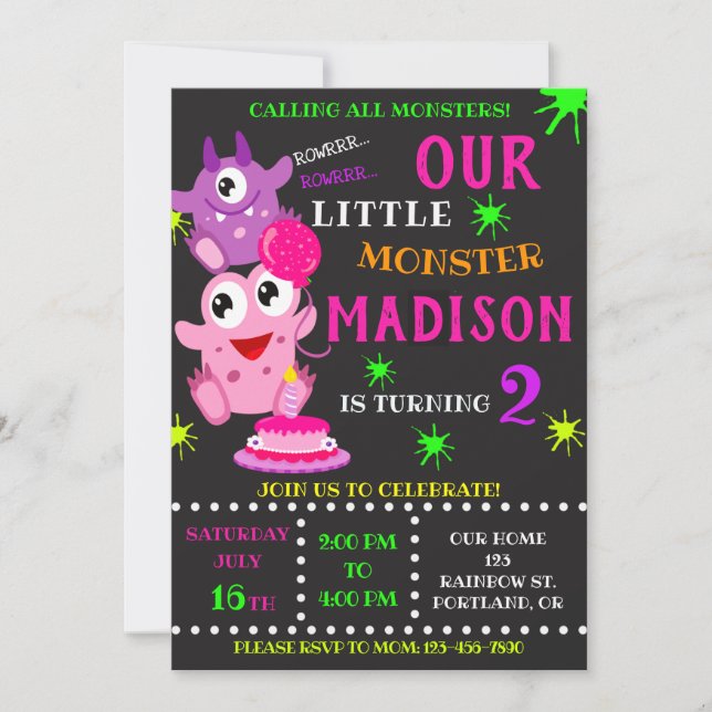 Our Little monster birthday invitation for girl (Front)