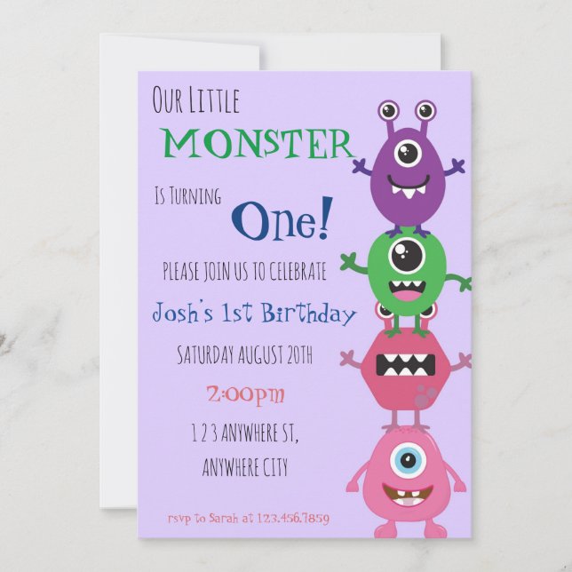Our little Monster Is Turning One Birthday Invite (Front)