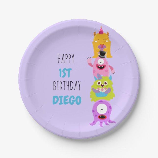 Our Little Monster is Turning One Invitation Paper Plate (Front)