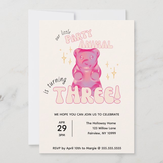 Our Little Party Animal Gummy Bear 3rd Birthday Invitation (Front)