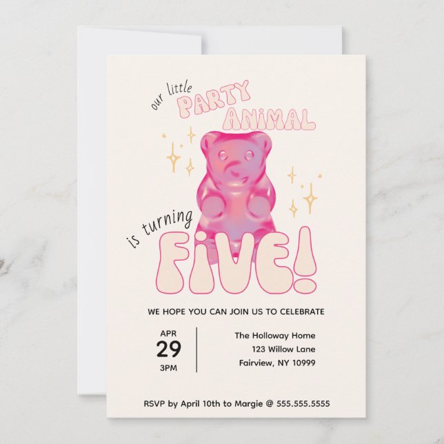 Our Little Party Animal Gummy Bear 5th Birthday Invitation (Front)