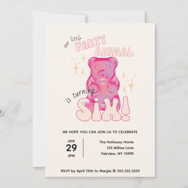 Our Little Party Animal Gummy Bear 6th Birthday Invitation (Front)