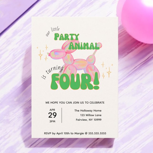 Our Little Party Balloon Animal 4th Birthday Invitation (Creator Uploaded)