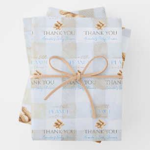 Our Little Peanut Boy Blue Gingham Baby Shower Wrapping Paper Sheet