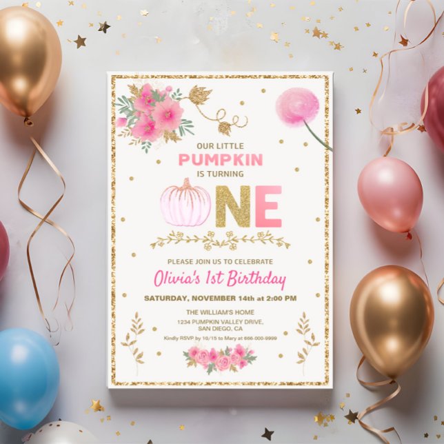 Our Little Pink & Gold Pumpkin 1st Birthday Party Invitation (Our little pumpkin girl pink & gold 1st birthday party invitation)