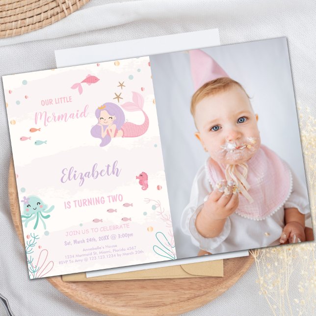 Our Little Pink Mermaid Birthday Invitation with P (Our Little Pink mermaid Invitations with photo)