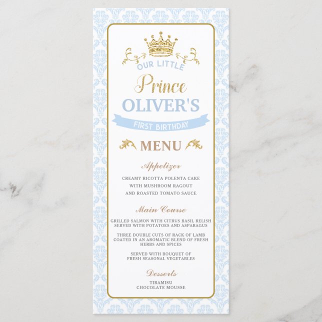 Our Little Prince Blue Baby Shower Birthday Menu (Front)