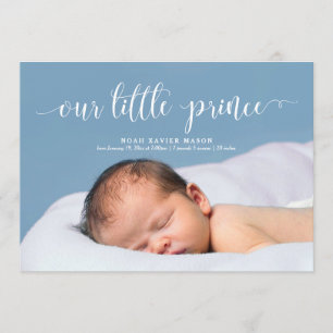 Our Little Prince White Script Birth Announcement