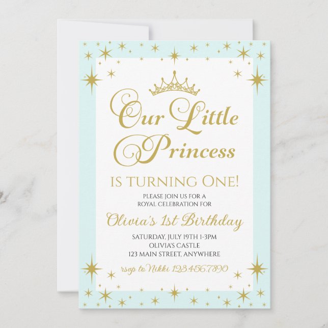 Our Little Princess Royal Gold and Blue Birthday Invitation (Front)