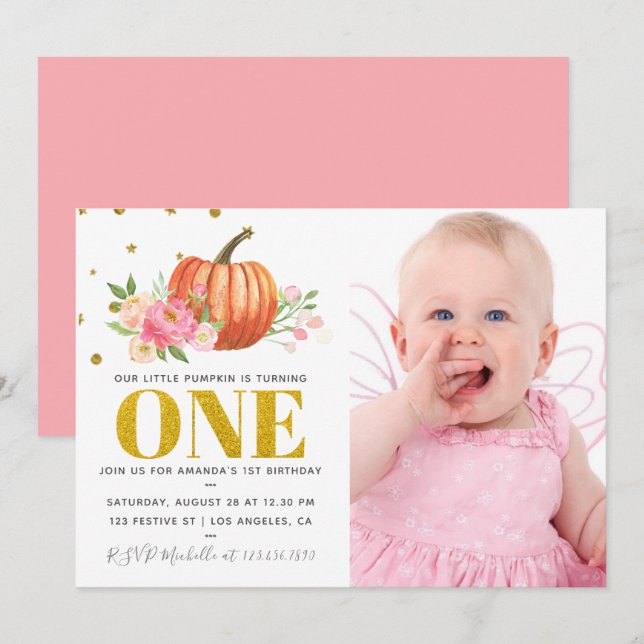 Our Little Pumpkin 1st Birthday Baby Girl Party Invitation (Front/Back)