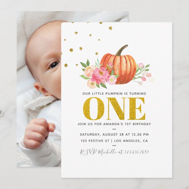 Our Little Pumpkin 1st Birthday Baby Girl Party Invitation (Front/Back)