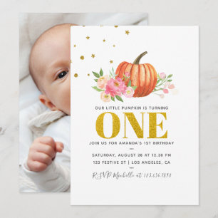 Our Little Pumpkin 1st Birthday Baby Girl Party Invitation