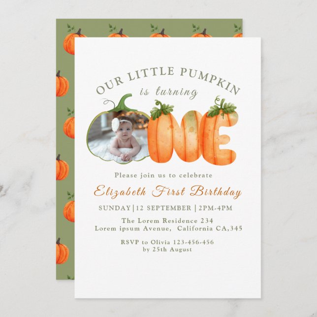 Our Little Pumpkin 1st Birthday  Fall Photo  Invitation (Front/Back)