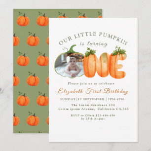 Our Little Pumpkin 1st Birthday  Fall Photo  Invitation