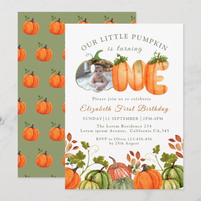 Our Little Pumpkin 1st Birthday  Fall Photo  Invitation (Front/Back)