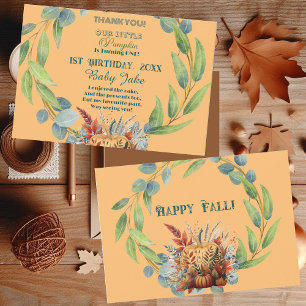 Our Little Pumpkin 1st Birthday Fall Wreath Orange Thank You Card