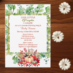 Our Little Pumpkin 1st Birthday Green Fall Wreath Invitation