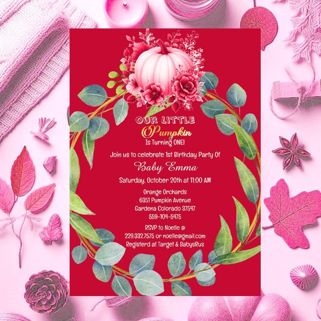 Our Little Pumpkin 1st Birthday Green Wreath Pink Invitation (Our Little Pumpkin 1st Birthday Green Wreath Pink Invitation)