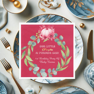 Our Little Pumpkin 1st Birthday Green Wreath Pink Napkin