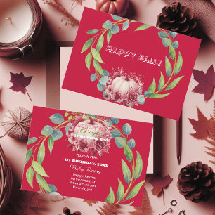 Our Little Pumpkin 1st Birthday Green Wreath Pink Thank You Card