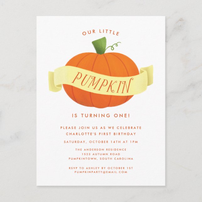 Our Little Pumpkin 1st Birthday Party Invitation Postcard (Front)