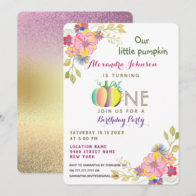 Our Little Pumpkin, 1st Birthday Pink Floral Fall Invitation (Front/Back)
