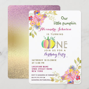 Our Little Pumpkin, 1st Birthday Pink Floral Fall Invitation