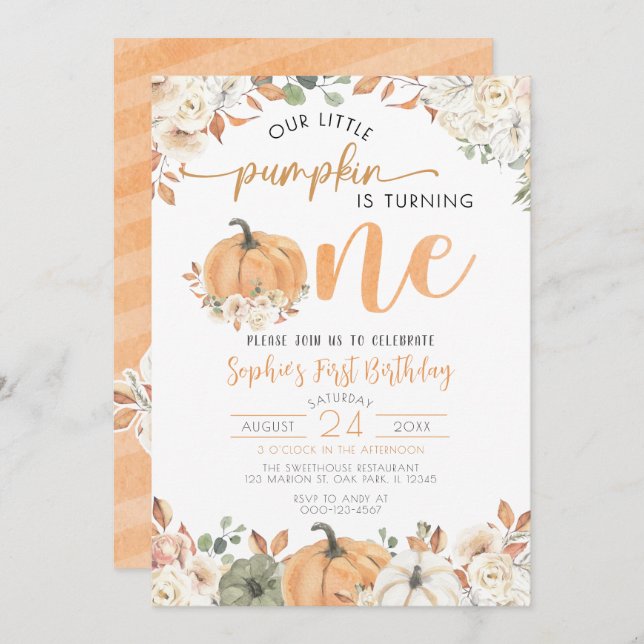 Our Little Pumpkin Autumn Fall Floral 1st Birthday Invitation (Front/Back)