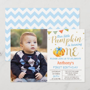 Our Little Pumpkin Baby Boy 1st Birthday Photo Invitation