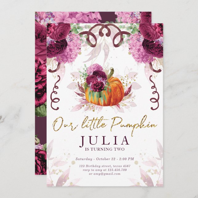 Our Little Pumpkin Birthday Burgundy Invitation (Front/Back)