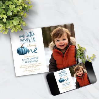 Our Little Pumpkin Blue 1st Birthday  Invitation
