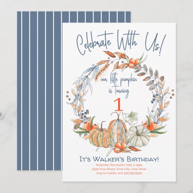 Our Little Pumpkin Blue First Birthday Invitation (Front/Back)