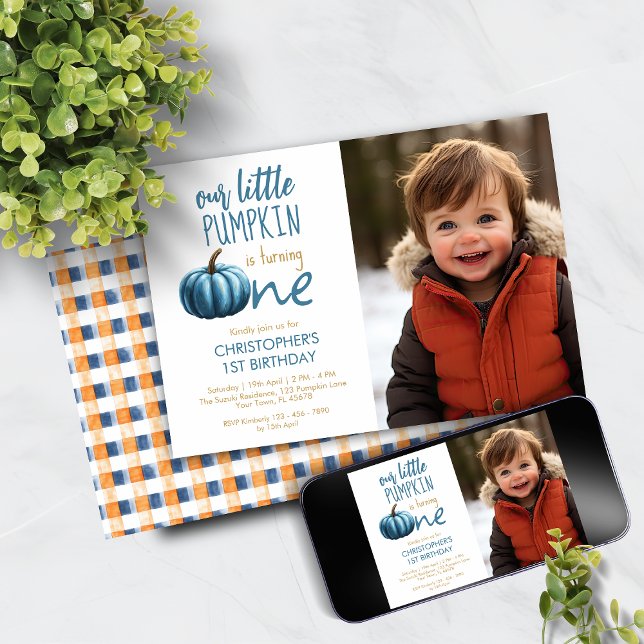Our Little Pumpkin Blue Plaid 1st Birthday  Invitation (Creator Uploaded)