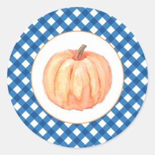 Our Little Pumpkin blue plaid first birthday Classic Round Sticker