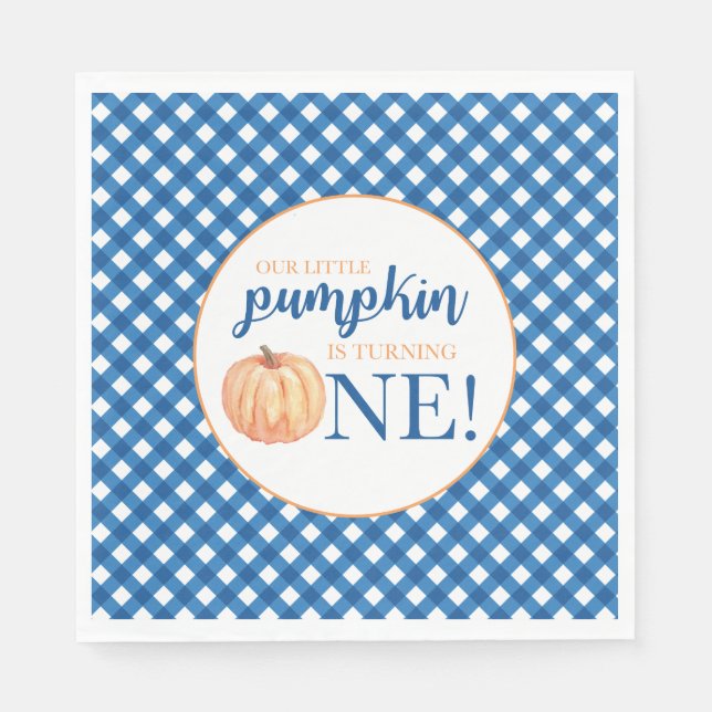 Our Little Pumpkin blue plaid first birthday Napkin (Front)