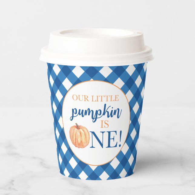 Our Little Pumpkin blue plaid first birthday Paper Cups (Front)