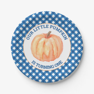 Our Little Pumpkin blue plaid first birthday Paper Plate