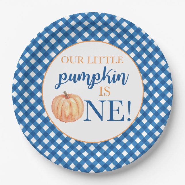 Our Little Pumpkin blue plaid first birthday Paper Plate (Front)