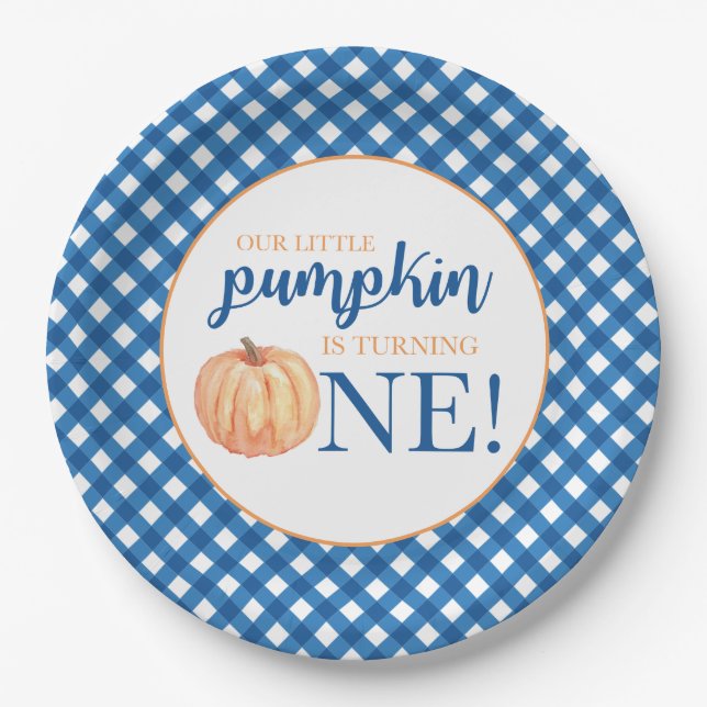 Our Little Pumpkin blue plaid first birthday Paper Plate (Front)