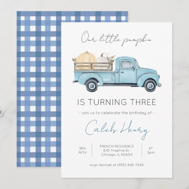 Our Little Pumpkin/Blue Truck Birthday invitation (Front/Back)
