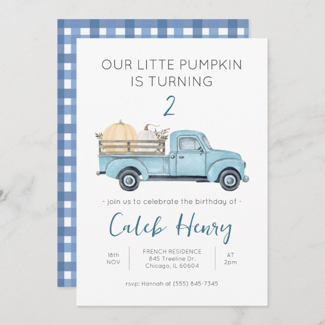 Our Little Pumpkin/Blue Truck Birthday Invitation (Front/Back)