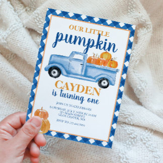 Our Little Pumpkin Blue truck Fall Birthday Invitation