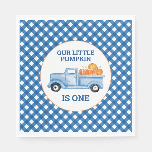 Our Little Pumpkin blue truck first birthday Napkin (Front)